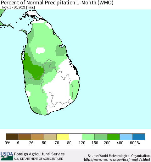 Sri Lanka Percent of Normal Precipitation 1-Month (WMO) Thematic Map For 11/1/2021 - 11/30/2021