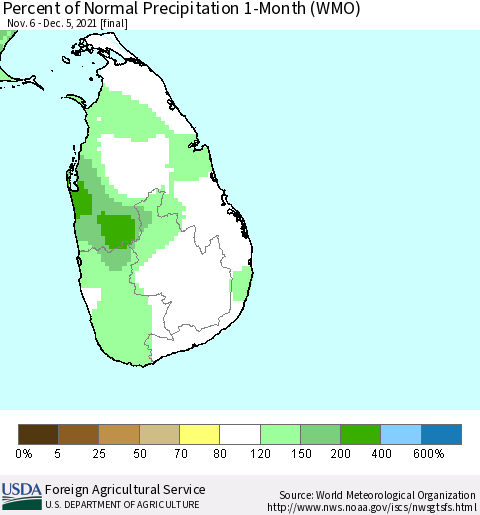 Sri Lanka Percent of Normal Precipitation 1-Month (WMO) Thematic Map For 11/6/2021 - 12/5/2021