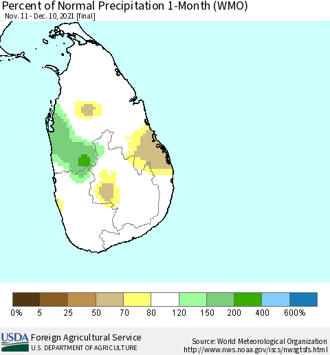 Sri Lanka Percent of Normal Precipitation 1-Month (WMO) Thematic Map For 11/11/2021 - 12/10/2021