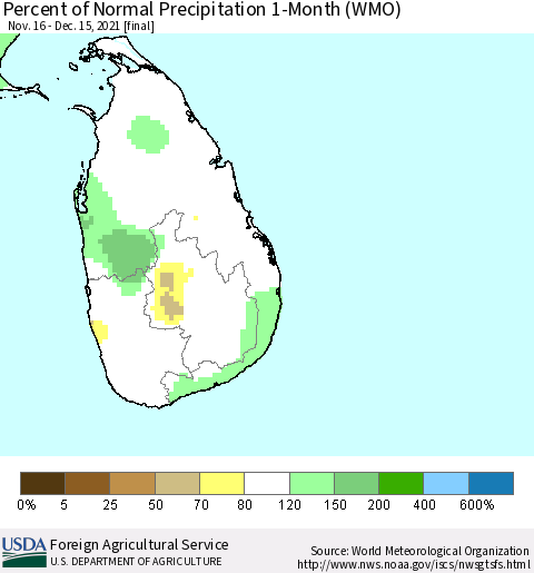 Sri Lanka Percent of Normal Precipitation 1-Month (WMO) Thematic Map For 11/16/2021 - 12/15/2021