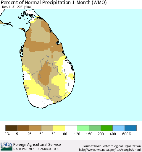 Sri Lanka Percent of Normal Precipitation 1-Month (WMO) Thematic Map For 12/1/2021 - 12/31/2021