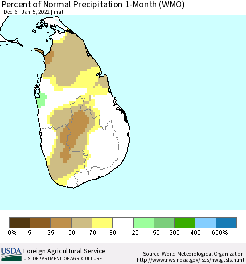 Sri Lanka Percent of Normal Precipitation 1-Month (WMO) Thematic Map For 12/6/2021 - 1/5/2022