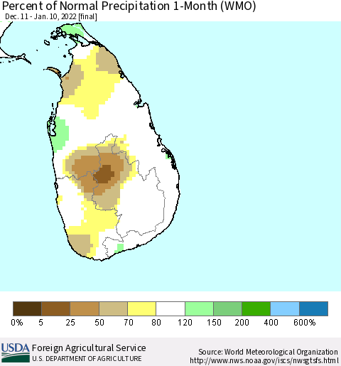 Sri Lanka Percent of Normal Precipitation 1-Month (WMO) Thematic Map For 12/11/2021 - 1/10/2022
