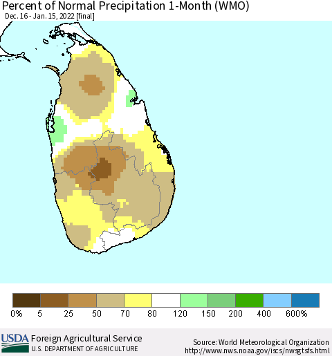 Sri Lanka Percent of Normal Precipitation 1-Month (WMO) Thematic Map For 12/16/2021 - 1/15/2022