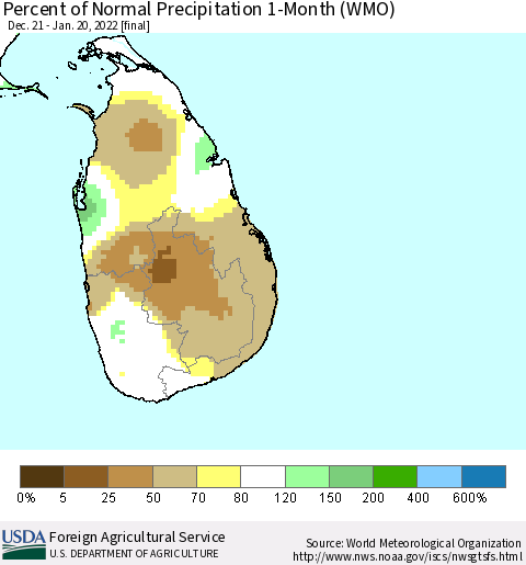 Sri Lanka Percent of Normal Precipitation 1-Month (WMO) Thematic Map For 12/21/2021 - 1/20/2022