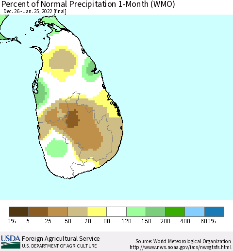 Sri Lanka Percent of Normal Precipitation 1-Month (WMO) Thematic Map For 12/26/2021 - 1/25/2022