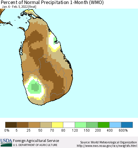Sri Lanka Percent of Normal Precipitation 1-Month (WMO) Thematic Map For 1/6/2022 - 2/5/2022