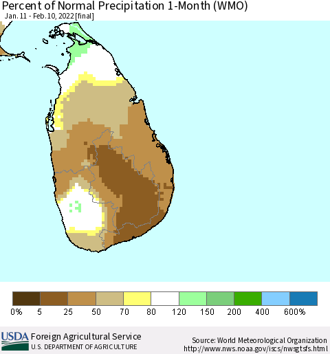 Sri Lanka Percent of Normal Precipitation 1-Month (WMO) Thematic Map For 1/11/2022 - 2/10/2022