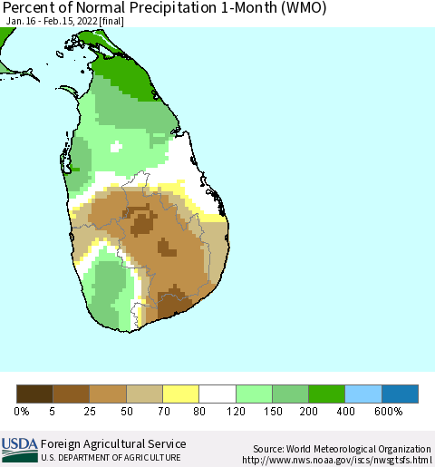 Sri Lanka Percent of Normal Precipitation 1-Month (WMO) Thematic Map For 1/16/2022 - 2/15/2022