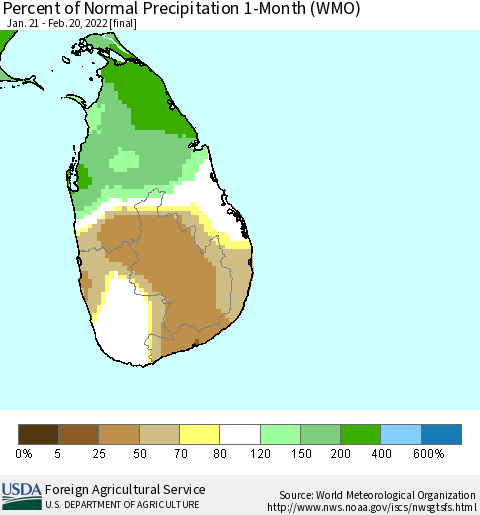 Sri Lanka Percent of Normal Precipitation 1-Month (WMO) Thematic Map For 1/21/2022 - 2/20/2022