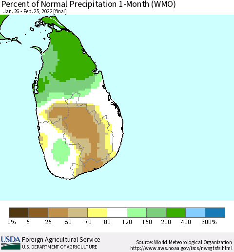 Sri Lanka Percent of Normal Precipitation 1-Month (WMO) Thematic Map For 1/26/2022 - 2/25/2022