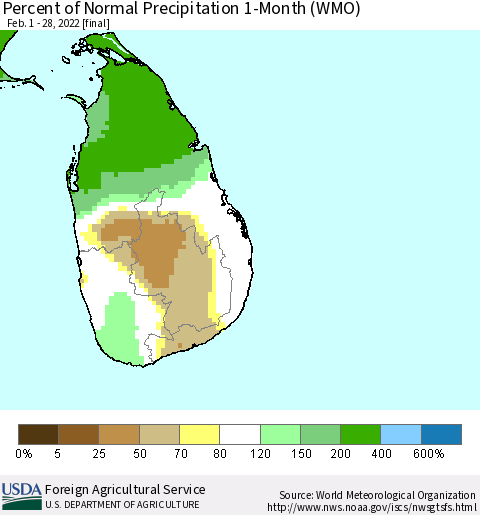 Sri Lanka Percent of Normal Precipitation 1-Month (WMO) Thematic Map For 2/1/2022 - 2/28/2022