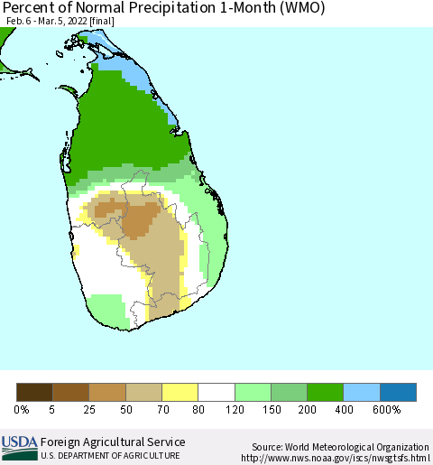 Sri Lanka Percent of Normal Precipitation 1-Month (WMO) Thematic Map For 2/6/2022 - 3/5/2022