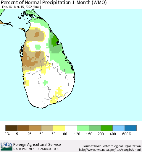 Sri Lanka Percent of Normal Precipitation 1-Month (WMO) Thematic Map For 2/16/2022 - 3/15/2022