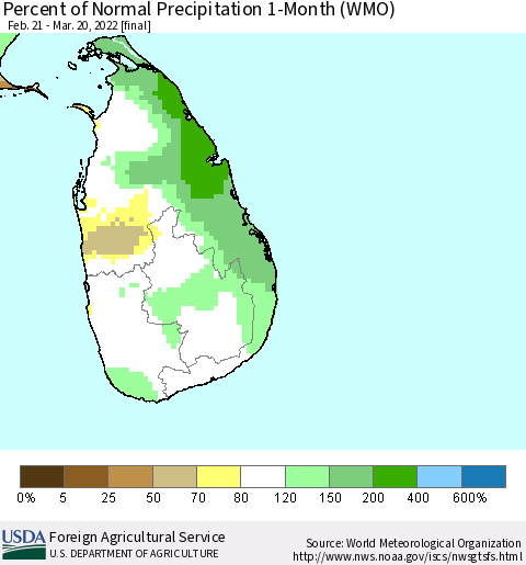 Sri Lanka Percent of Normal Precipitation 1-Month (WMO) Thematic Map For 2/21/2022 - 3/20/2022