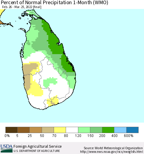 Sri Lanka Percent of Normal Precipitation 1-Month (WMO) Thematic Map For 2/26/2022 - 3/25/2022