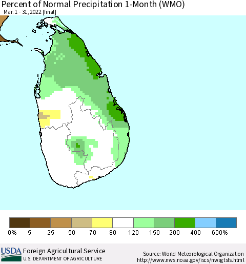 Sri Lanka Percent of Normal Precipitation 1-Month (WMO) Thematic Map For 3/1/2022 - 3/31/2022