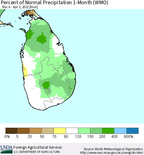 Sri Lanka Percent of Normal Precipitation 1-Month (WMO) Thematic Map For 3/6/2022 - 4/5/2022