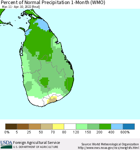 Sri Lanka Percent of Normal Precipitation 1-Month (WMO) Thematic Map For 3/11/2022 - 4/10/2022