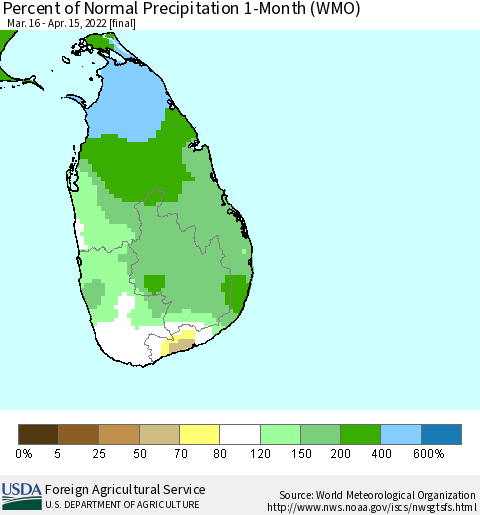 Sri Lanka Percent of Normal Precipitation 1-Month (WMO) Thematic Map For 3/16/2022 - 4/15/2022