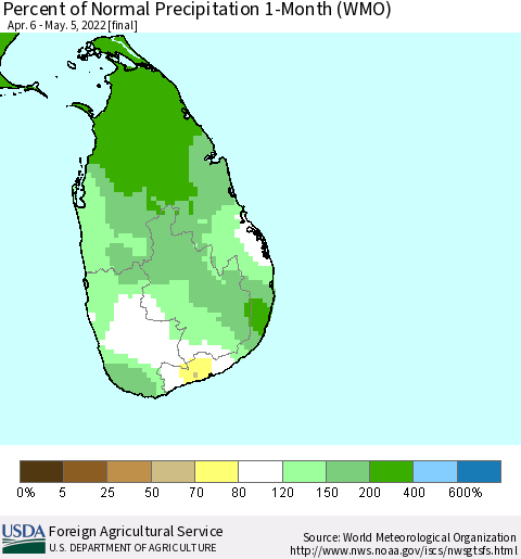Sri Lanka Percent of Normal Precipitation 1-Month (WMO) Thematic Map For 4/6/2022 - 5/5/2022
