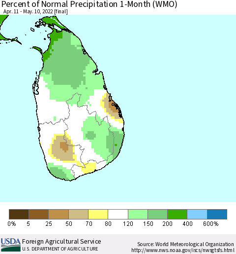 Sri Lanka Percent of Normal Precipitation 1-Month (WMO) Thematic Map For 4/11/2022 - 5/10/2022
