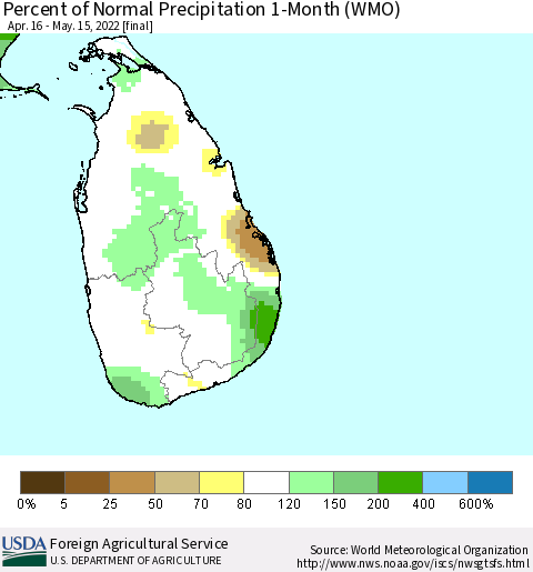 Sri Lanka Percent of Normal Precipitation 1-Month (WMO) Thematic Map For 4/16/2022 - 5/15/2022