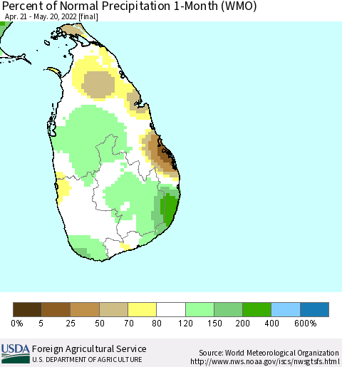 Sri Lanka Percent of Normal Precipitation 1-Month (WMO) Thematic Map For 4/21/2022 - 5/20/2022