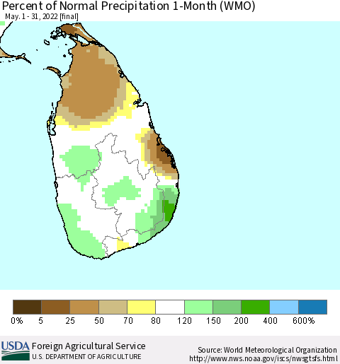 Sri Lanka Percent of Normal Precipitation 1-Month (WMO) Thematic Map For 5/1/2022 - 5/31/2022