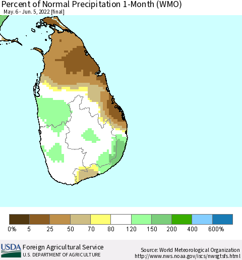 Sri Lanka Percent of Normal Precipitation 1-Month (WMO) Thematic Map For 5/6/2022 - 6/5/2022