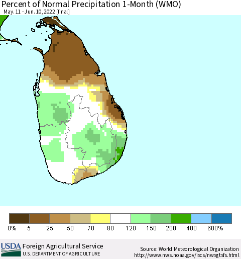 Sri Lanka Percent of Normal Precipitation 1-Month (WMO) Thematic Map For 5/11/2022 - 6/10/2022