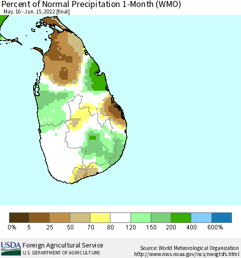 Sri Lanka Percent of Normal Precipitation 1-Month (WMO) Thematic Map For 5/16/2022 - 6/15/2022