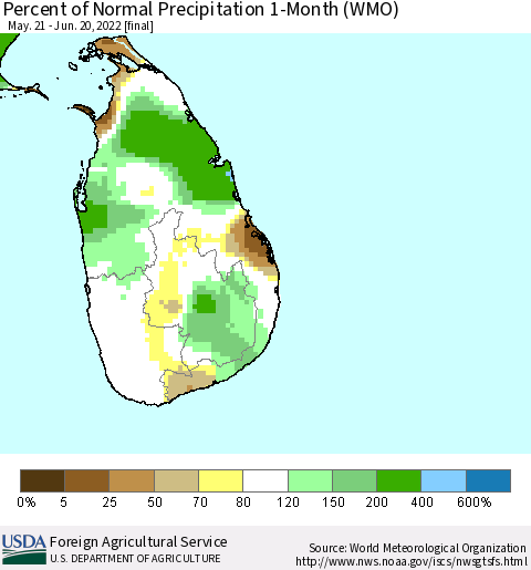 Sri Lanka Percent of Normal Precipitation 1-Month (WMO) Thematic Map For 5/21/2022 - 6/20/2022
