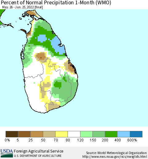 Sri Lanka Percent of Normal Precipitation 1-Month (WMO) Thematic Map For 5/26/2022 - 6/25/2022