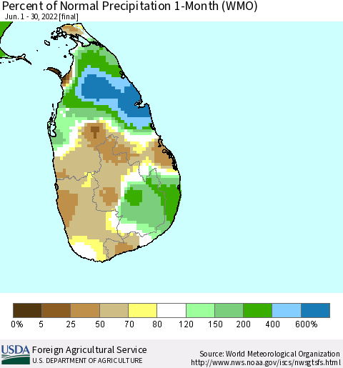 Sri Lanka Percent of Normal Precipitation 1-Month (WMO) Thematic Map For 6/1/2022 - 6/30/2022