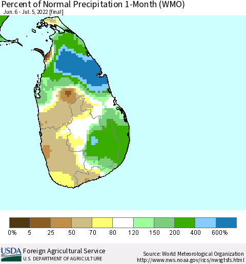 Sri Lanka Percent of Normal Precipitation 1-Month (WMO) Thematic Map For 6/6/2022 - 7/5/2022