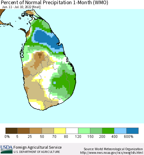 Sri Lanka Percent of Normal Precipitation 1-Month (WMO) Thematic Map For 6/11/2022 - 7/10/2022