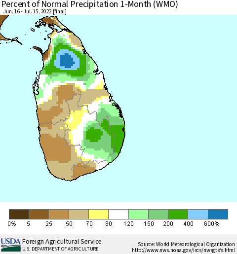 Sri Lanka Percent of Normal Precipitation 1-Month (WMO) Thematic Map For 6/16/2022 - 7/15/2022