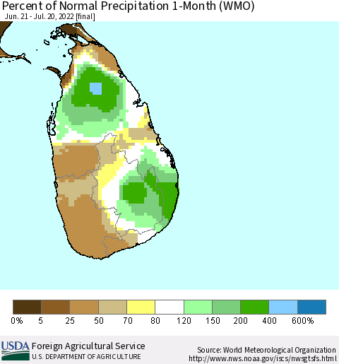 Sri Lanka Percent of Normal Precipitation 1-Month (WMO) Thematic Map For 6/21/2022 - 7/20/2022