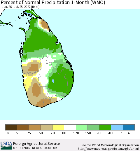 Sri Lanka Percent of Normal Precipitation 1-Month (WMO) Thematic Map For 6/26/2022 - 7/25/2022