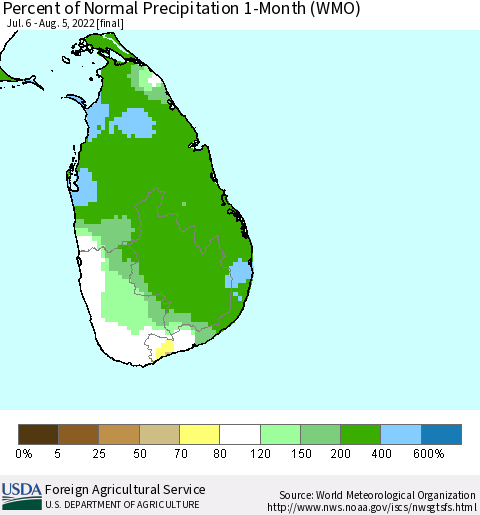 Sri Lanka Percent of Normal Precipitation 1-Month (WMO) Thematic Map For 7/6/2022 - 8/5/2022