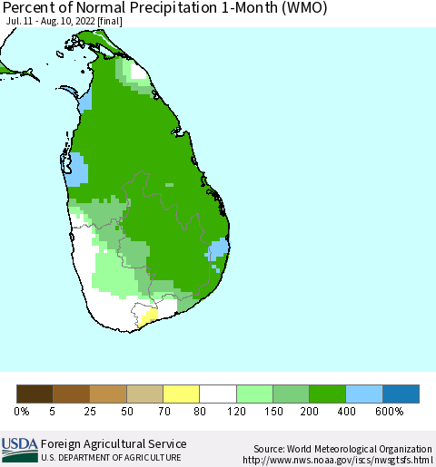Sri Lanka Percent of Normal Precipitation 1-Month (WMO) Thematic Map For 7/11/2022 - 8/10/2022