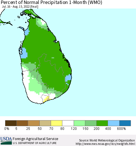 Sri Lanka Percent of Normal Precipitation 1-Month (WMO) Thematic Map For 7/16/2022 - 8/15/2022