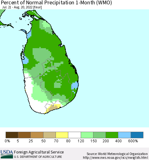 Sri Lanka Percent of Normal Precipitation 1-Month (WMO) Thematic Map For 7/21/2022 - 8/20/2022
