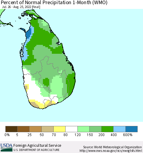 Sri Lanka Percent of Normal Precipitation 1-Month (WMO) Thematic Map For 7/26/2022 - 8/25/2022