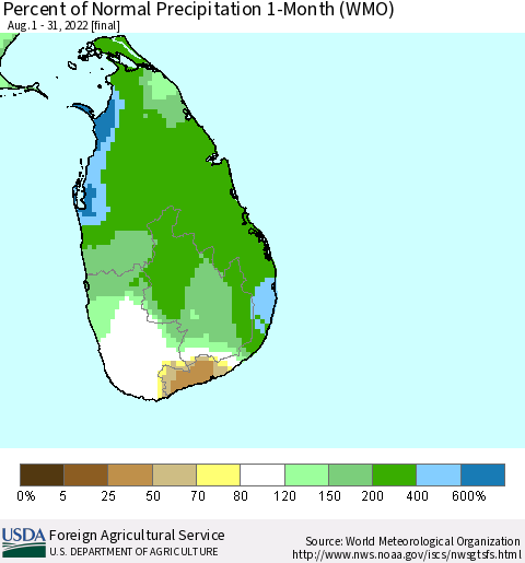 Sri Lanka Percent of Normal Precipitation 1-Month (WMO) Thematic Map For 8/1/2022 - 8/31/2022