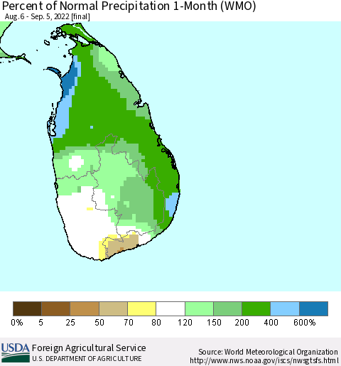 Sri Lanka Percent of Normal Precipitation 1-Month (WMO) Thematic Map For 8/6/2022 - 9/5/2022