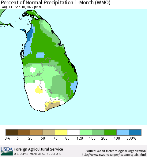 Sri Lanka Percent of Normal Precipitation 1-Month (WMO) Thematic Map For 8/11/2022 - 9/10/2022