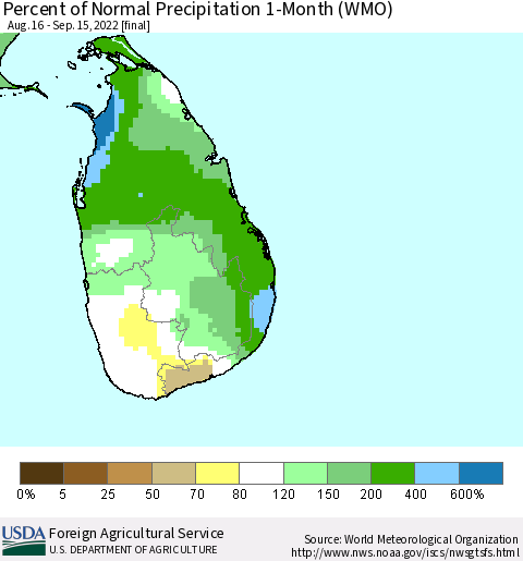 Sri Lanka Percent of Normal Precipitation 1-Month (WMO) Thematic Map For 8/16/2022 - 9/15/2022
