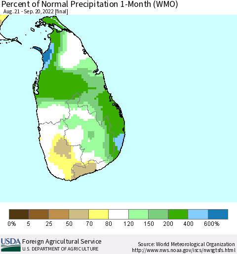Sri Lanka Percent of Normal Precipitation 1-Month (WMO) Thematic Map For 8/21/2022 - 9/20/2022